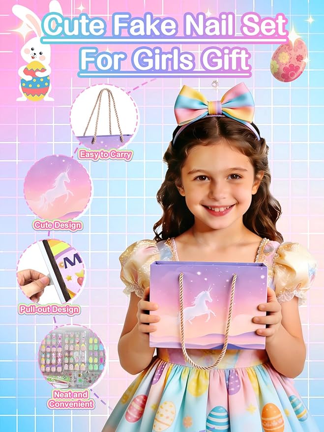 EBANKU Easter 144 Pcs Press on Nail Kids Gift Box, 6 Pack Rabbit Kid Flase Nails Kit with Nail Glue Set Fake Nail for Girls 5-10 Years Gift Set