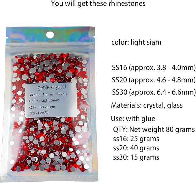 Genie Crystal 4,5,6.4 mm Mixed Size Red Flatback Rhinestones 80 Grams, ss16,ss20,ss30 Light Siam Glass Rhinestone for Tumbler, Shoes, Makeup, Nail Art, Dance Costumes, Dress, DIY Bling Crafts