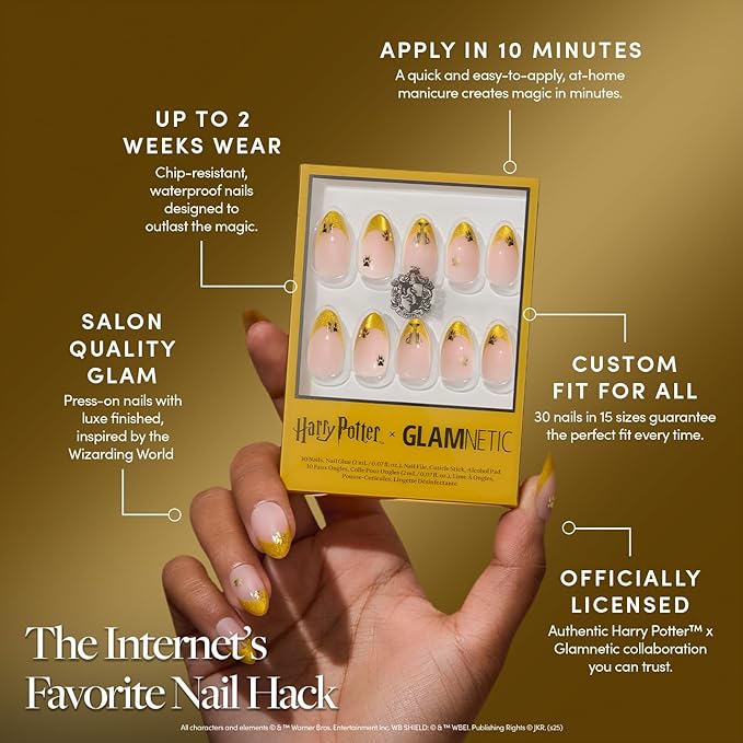 Glamnetic Press On Nails x Harry Potter™ - Helga Hufflepuff™ | Short Almond Fake Nails with Velvet Yellow French Tips & Gold Graphics, Officially Licensed | 15 Sizes - 30 Nail Kit with Glue