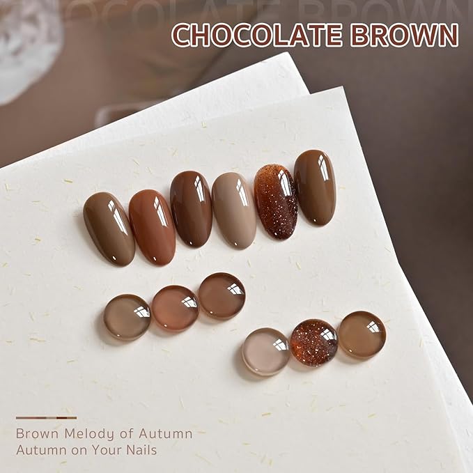 GAOY Brown Fall Gel Nail Polish Set, 6 Colors Chocolate Tan Glitter, UV Light Cure Gel Polish for Nail Art DIY at Home