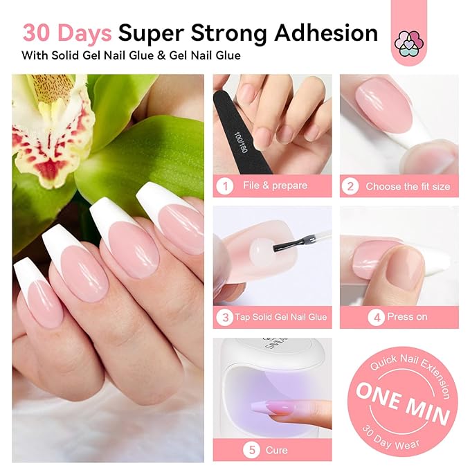 SAVILAND Gel Nail X Kit with Everything: 16 Sizes French Tips Press On Nail Kit with Drill Coffin Tips Soft Gel Fake Nails with Solid Glue Gels U V Lamp Gels Glue French Tip Tool Home