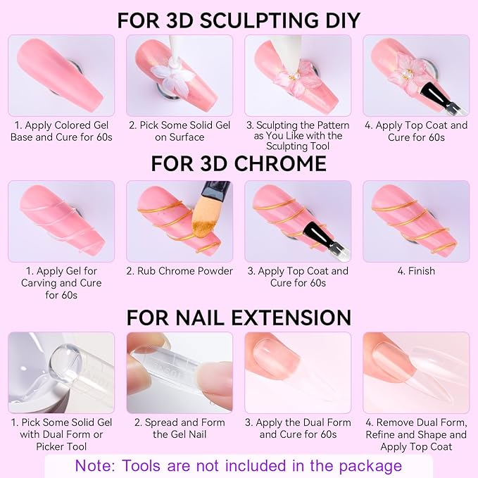 Makartt 3D Gel Nail Art: Clear Solid Builder Nail Gel 4 in 1 Non-sticky for Extension UV Glue for Acrylic Nails Rhinestones 3D sculpting Hard Gels UV/LED Lamp Required 15ml