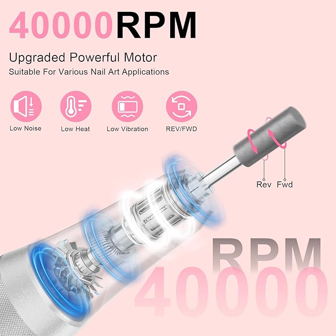 Professional Electric Nail Drill 40000RPM for Salon Home Use, Rechargeable Nail File Machine Kit with 12PCS Bits for Acrylic Gel Nails, Portable Efile Manicure Pedicure Tool (White)