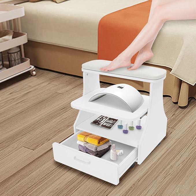Pedicure Foot Rest, Manicure Foot Rest w/Wheels, Upgrade Widen Footrest Pedicure Foot Stool Stand, Portable Foot Bath Spa Cart Foot Massage Station Footrest, Home Beauty Salon Nail Foot Trolley Cart