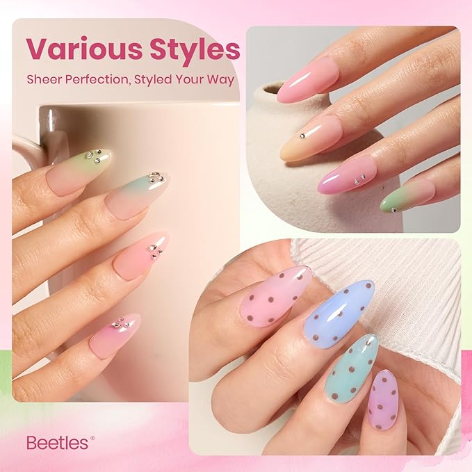 Beetles Spring Nectar Jelly Gel Nail Polish Set - 6 Colors 15ML Pastel Gel Polish Kit Pink Purple Blue Mint Green Yellow Sheer Translucent Effect Soak Off UV Nail Art Manicure Gift for Women