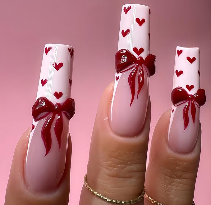 24Pcs Valentines Day Press on Nails Long Square Fake Nails Petite Red Heart False Nails with Cute Red Embossed Bow Designs White French Tips Nails Press ons Glossy Mini Heart Acrylic Nail for Women