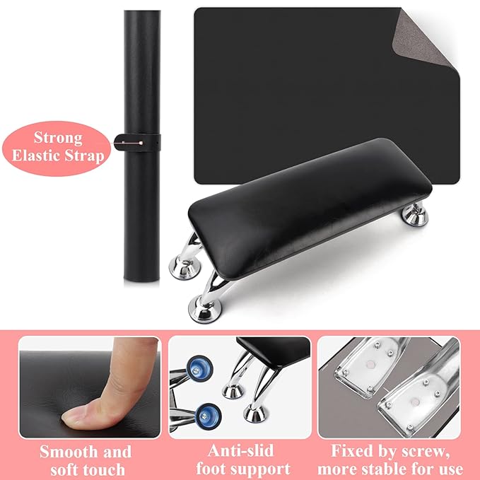 Nail Arm Rest for Acrylic Nails with Nail Table Mat, Microfiber Leather Nail Hand Rest Cushion for Nails, Soft Hand Pillow Footstool with Foldable Nail Art Hand Rest Pad for Nail Tech Use (Black)