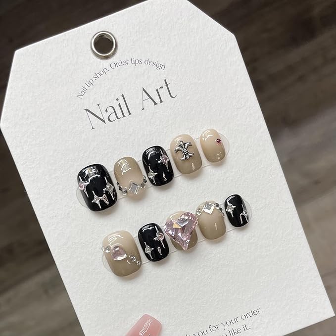 3D handmade Gel nails press on false nails short round black rhinestone bling pearl cute acrylic Reusable fake nails designed kit,10 Nails Size S #960