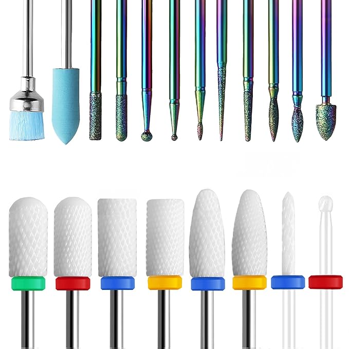 20pcs Nail Drill Bits Sets, 3/32 Inch Ceramic Diamond Cuticle Electric Nail Cutter Acrylic Gel Nail Bit Kit, Cuticle Remover Crystal Nail Extension Bits for Nails Home Salon