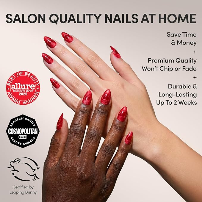 Valentines Day Glamnetic Press On Nails - Sent With Love | Short Almond Fake Nails in Bright Red with Cat-Eye Magnetic Heart Designs in a Velvet Finish | 15 Sizes - 30 Nail Kit with Glue