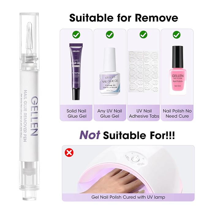 Gellen Nail Glue and Remover Kit, UV Gel Nail Glue for Press Ons, 2 Pcs Non Acetone Gel Nail Glue Removers, Long Lasting Semi Solid Nail Glue Gel, Gentle Gel Glue Off for Beginner DIY at Home