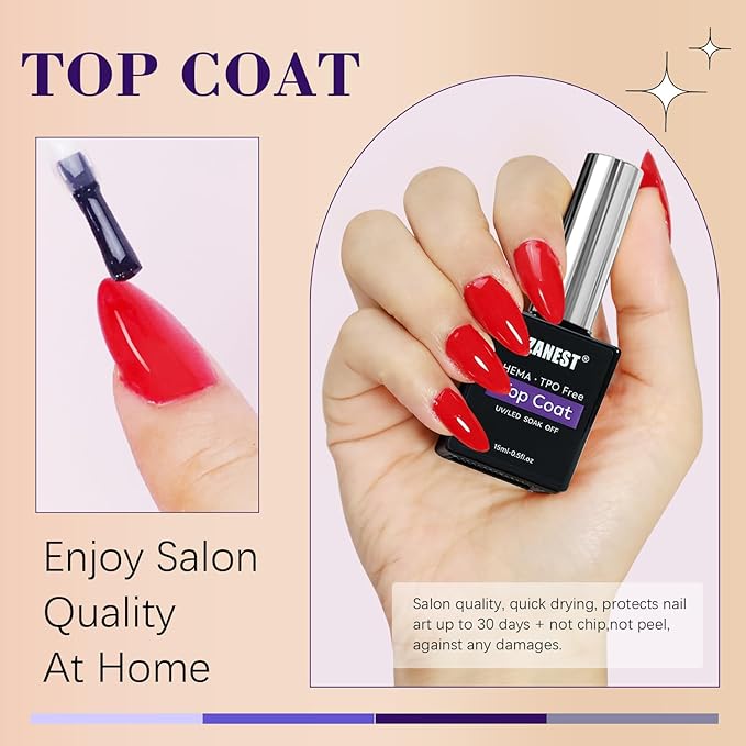 FZANEST Gel Top Coat HEMA-Free, No Wipe Top Coat Nail Polish Smooth High Shine Gel Finish Soak Off UV LED