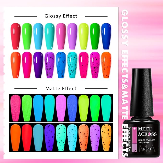 MEET ACROSS 18 Colors Glow in the Dark Gel Nail Polish, Halloween Neon Luminous Gel Polish Set Purple Blue Orange Glow Effect Eggshell Gel for DIY Nail Art Salon