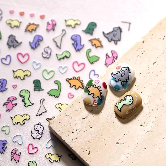Dedyel 5D Embossed Cute Dinosaur Nail Art Stickers Cartoon Kawaii Design Anime Self Adhesive Nail Stickers for Women Kids Girls Nails Art Decorations