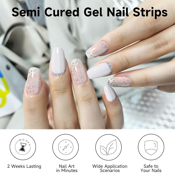 Semi Cured Gel Nail Strips, 28 pcs Gel Nail Stickers, Work with Any UV Lights, Shinny French Long-Lasting Nail Wraps, Stick on Nails for women Easy to Apply & Remove