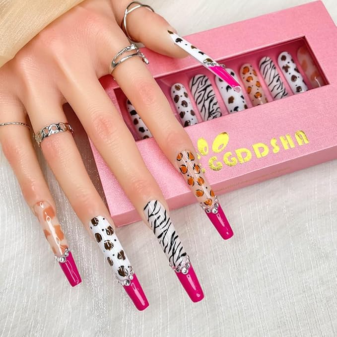 2025 100% Handmade Nails Long and Reusable PMMA Acrylic Press on Nails With Rhinestone Zebra French Design Reusable Full Coverage Fake Nails Handmade Nails Ladies Fake Nail Set (Zebra, M)