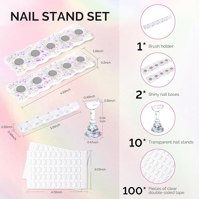 MelodySusie Nail Stand for Press Ons, White Shiny Acrylic Magnetic Base for Painting Display with Brush Holder and 100 Pcs Reusable Double-Sided Tape for Home DIY Salon Supplies