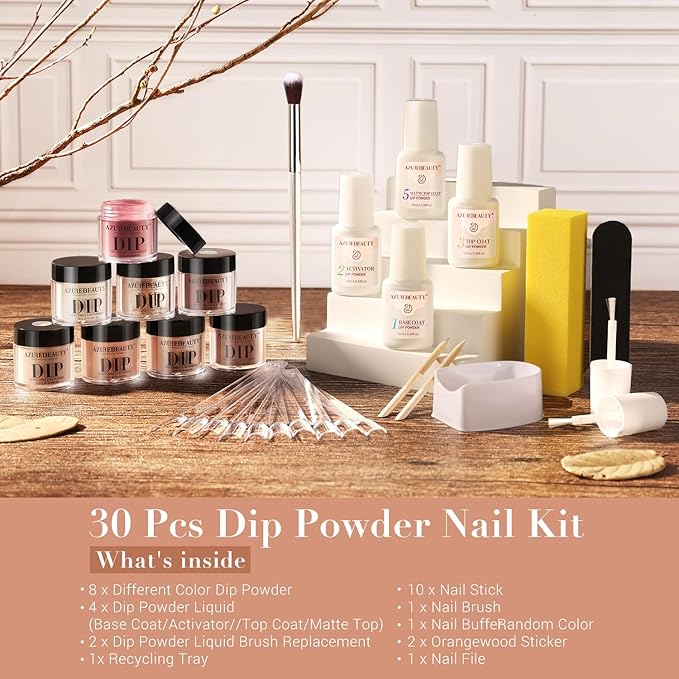 AZUREBEAUTY Dip Nails Powder Starter Kit 8 Colors with Nail Sticks Nude Brown Giltter Shimmer Set Nail Art Base Glossy Matte Top Coat Activator Essential Liquid Manicure DIY Salon 30 PCS