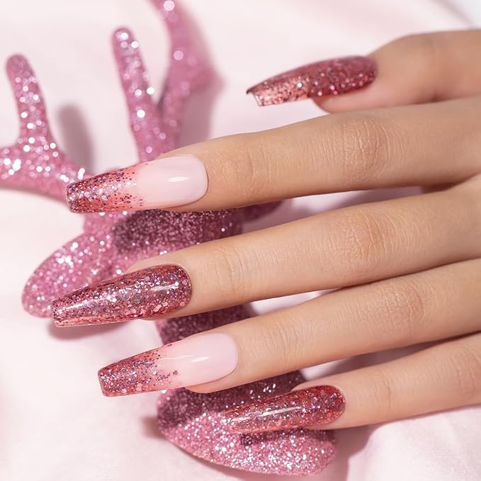 RARJSM Rose Glitter Gel Nail Polish Big Flakes Diamond Sparkly Chunky Rose Pink Shimmer Pigments Nail Gel Polish Soak off L e d U V Curing Required for Nail Art Salon Fall Winter Christmas Manicure