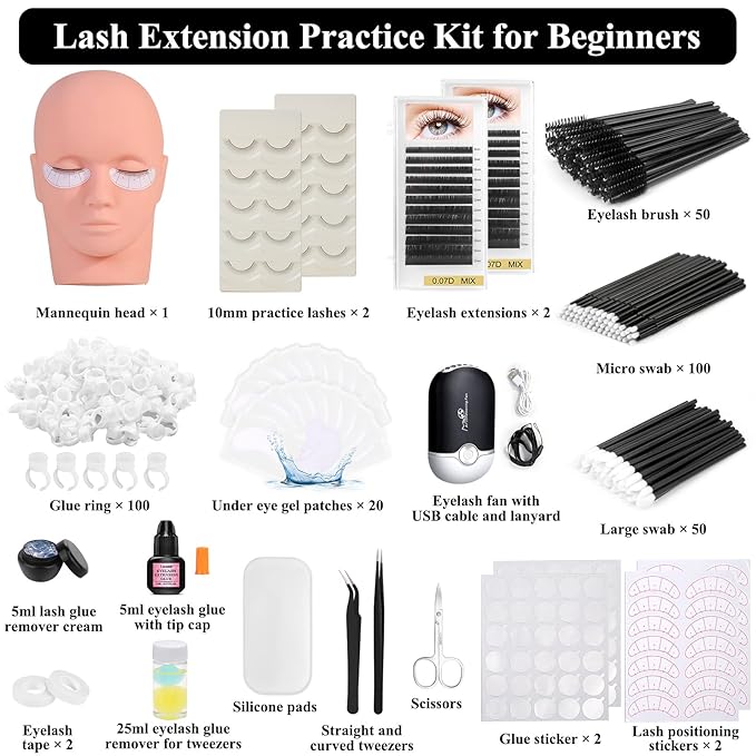 Eyelash Lashes Extension Kit, 442 PCS Lash Extension Supplies with Lash Mannequin Head, Individual Eyelash Kit, Fan, Lash Remover, Eyelash Extension Glue, Lash Tool Kits for Beginner Practice Graft