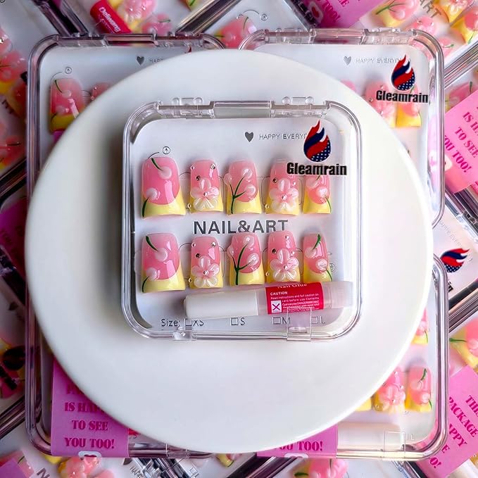 Pink Press on Nails Handmade Duck Glue on Nails Yellow French Tip with 3d Flower Design Elegant for Women for Spring 10pcs M Size Pattern 1105