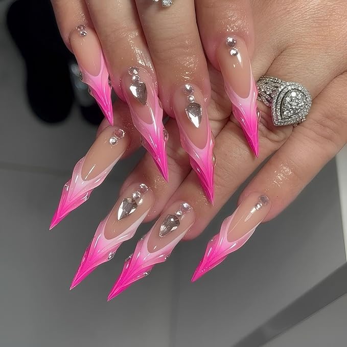 Rchvosam xxl French Tip Press on Nails Extra Long Almond False Nails Press Ons 3D Stripe Diamond Design Fake Nails Full Cover Acrylic False Nails Gift for Women 24pcs