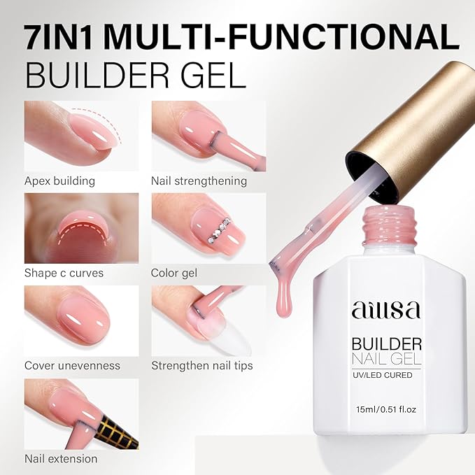 AILLSA Builder Gel Natural Nude 7 In 1 Hard Gel Polish for Nail Thickening Light Color Strengthener Gel Polish Sheer Nude Skin Tone Extension U V Gel for Nail Art Base Coat Needed 0.51 Oz GB93