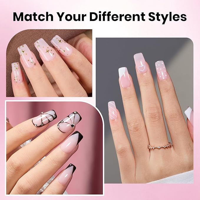Beetles Gel Nail Kit Etch-X, Short Square, 288pcs 12 Sizes Nail tips, 3Pcs 15ml HEMA-Free Nail Glue Top Coat & Base Gel Set, for Acrylic and Clear Press On Nail, Long Lasting Extension DIY Set at Home