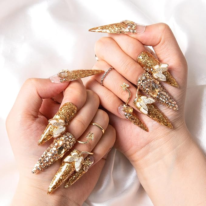 LOVFUL Press on Nails I can Fly French Tip | Handmade with Full Covered Crystals | Reusable Fake Nails | Stiletto Mid Length 1.7 in | H45-M