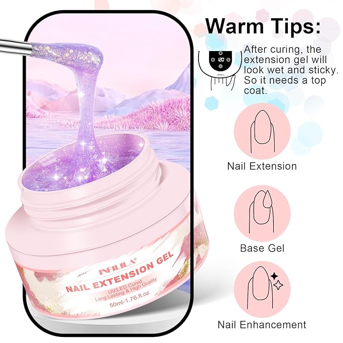 NXJ INFILILA Glitter Poly Nail Gel, Purple Colors Poly Extension Gel Nail Enhancement, Thickening Glossy Builder Home DIY Salon Use for Girls UV/LED Nail Lamp Required P12