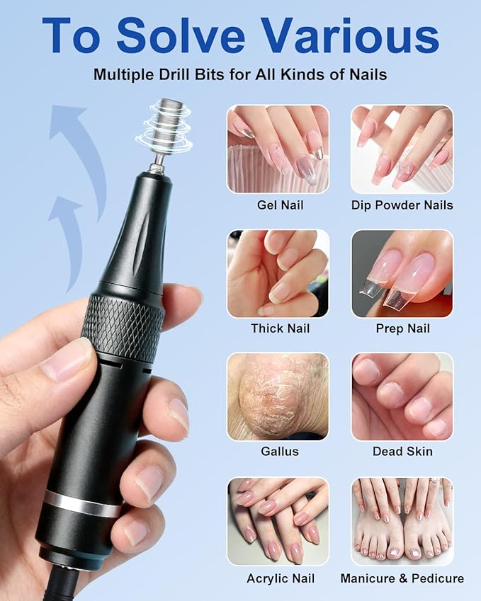 Professional Electric Nail Drill Kit 35000RPM with 14PCS Bits White Portable Rechargeable Cordless File Machine for Acrylic Gel Powder Nails and Manicure Pedicure Toenail Tool Salon Set