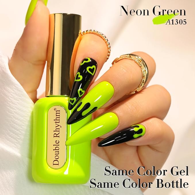Double Rhythm 0.50 OZ Gel Polish Same Color Same Bottle Golden Round Hema Free Neutral Natural Milky 15 ML Jelly UV Polish Art DIY at Home (Neon Yellow Green-C1305)