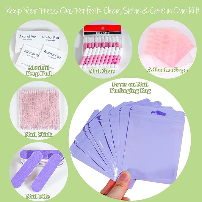 Press On Nail Tool Kit with Everything, Bebbtiy Nail Prep Tool Disposable Manicure Kit with Nail File, Nail Glue, Prep Pads, Adhesive Nail Tabs,Wood Stick, Packaging Ba (20pcs-purple)