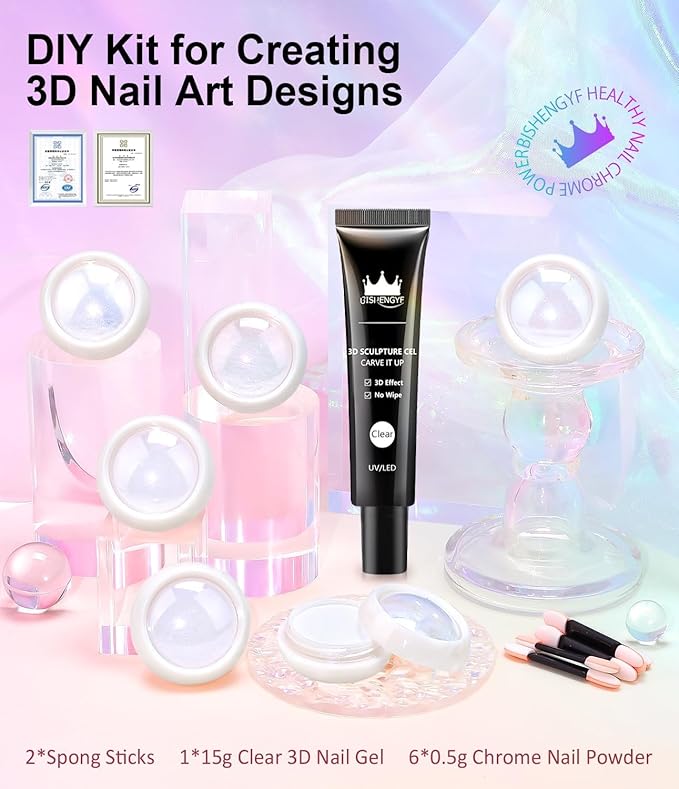 White Chrome Nail Powder - 15g No Wipe 3D Nail Gel Pink Pearl Nail Chrome Powder Non-Sticky Clear 3D Sculpting Gel Hard Gel Carving Gel for Nail Art Home DIY