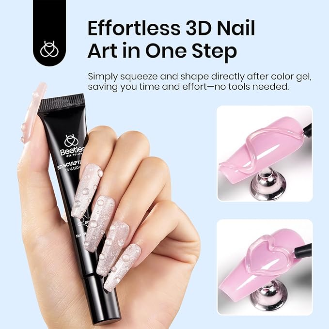Beetles 3D Gel Nail Art Design, 3 in 1 Sculpting Gel Clear No Wipe Nail Polish Rhinestone Nail Art Glue for Nail Gems Diamond Jewelry Manicure