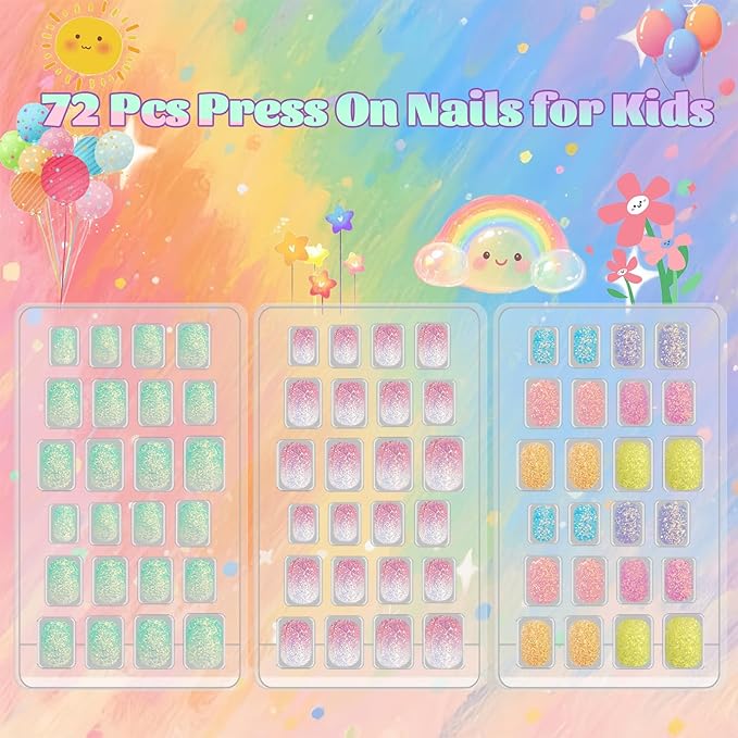 Laza 72pcs Children Nails Press On Pre-glue Full Cover Gorgeous and Colorful Short False Nail Gradient Glitter Kits for Kids Teenager Girls - Rainbow Falls