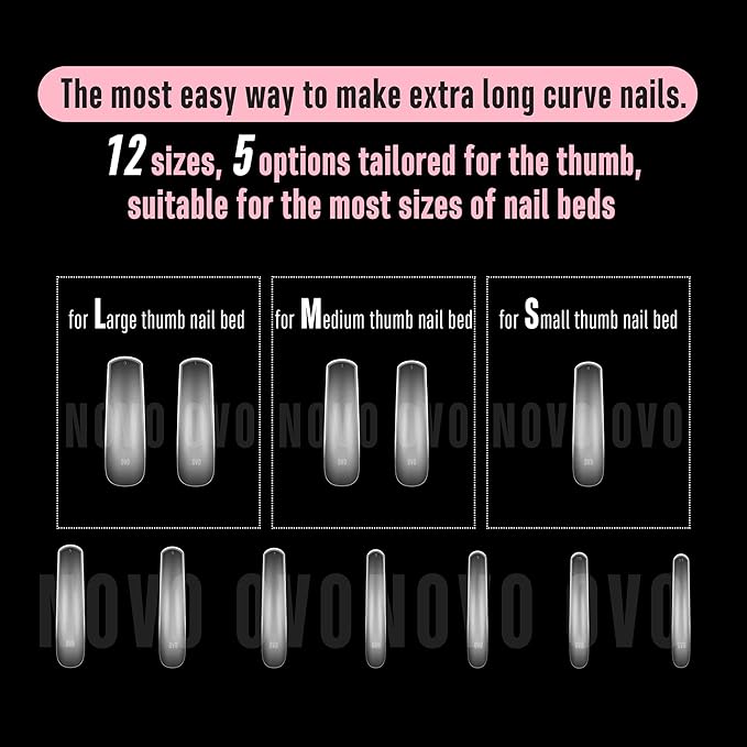 NOVO OVO Halloween XXL Curved Nail Tips Press on Full Cover, Tapered Square Gel x Extra Thick Long XL Acrylic Fake Nails Extension kit, Clear Pre-etched Soft French False Nail 12 Sizes 300pcs