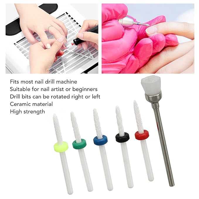 6pcs Ceramic Nail Drill Bits Set, Drill Bits for Nails Rotary Burrs for Acrylic Electric Manicure Pedicure Nail File Machine