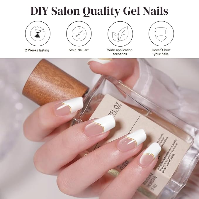 Semi Cured Gel Nail Strips, 28 pcs Gel Nails Stickers for Women Work with Any UV Lamp, Long Lasting Nail Wraps for Home DIY Nails Art (Gilded French)