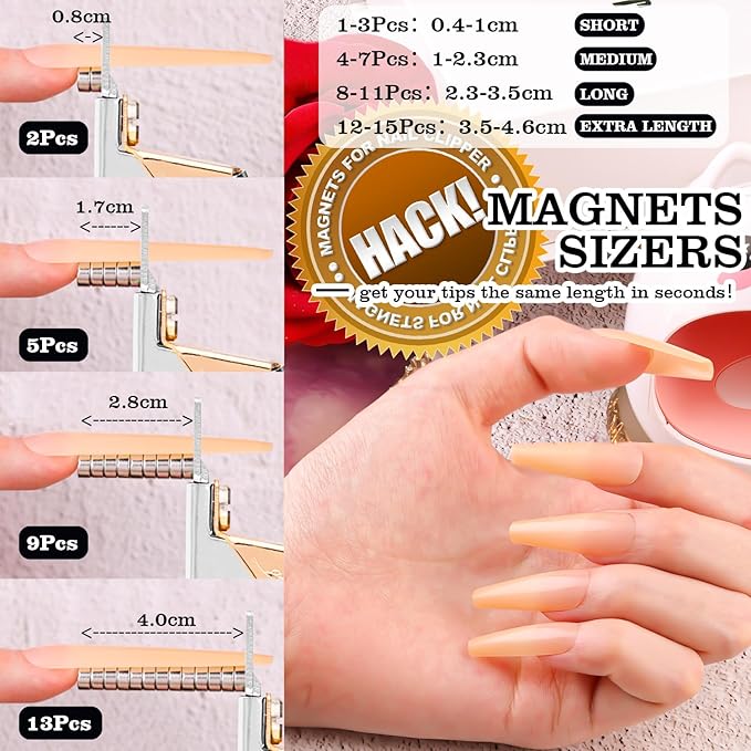 Silver Premium Nail Clippers with Magnet Sizers for Acrylic Nails, Professional Stainless Steel Fake False Nail Tip Clipper Cutter Trimmer, Manicure Tool for Salon Home Nail Art