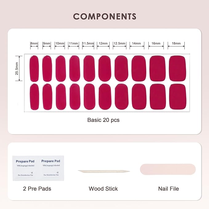 Semi Cured Gel Nail Strips – Real Gel Nail Polish Wraps for Brittle Nails | Waterproof Long Lasting Easy Peel-Off Removal | Hema-Free | 20-Piece Pink Salon Sticker Kit with File & Stick
