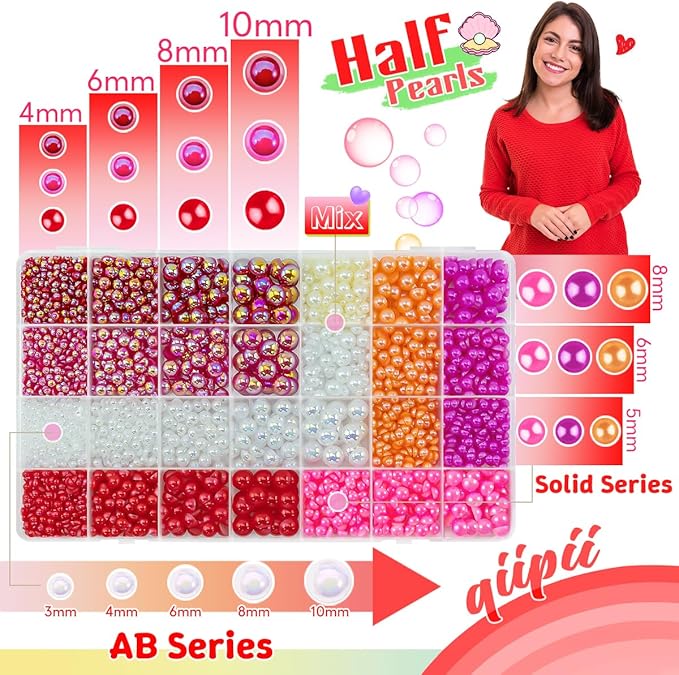 qiiipi 2 Big Boxes Red Resin Pearls and Rhinestones w B7000 Glue for Bedazzling Crafting Flatback Stones Gems Diamonds Half Pearls Bedazzler Kit Charms for Nails Eyes Face Makeup Tumblers DIY Crafts