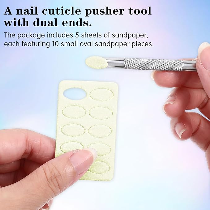 Dual Ended Cuticle Pusher, Stainless Steel Cuticle Remover Tool Pre-treatment Cuticle Scraper with 5 Pcs Sandpaper Sheets for Home Salon Manicure Pedicure Nail Art Dead Skin Removing