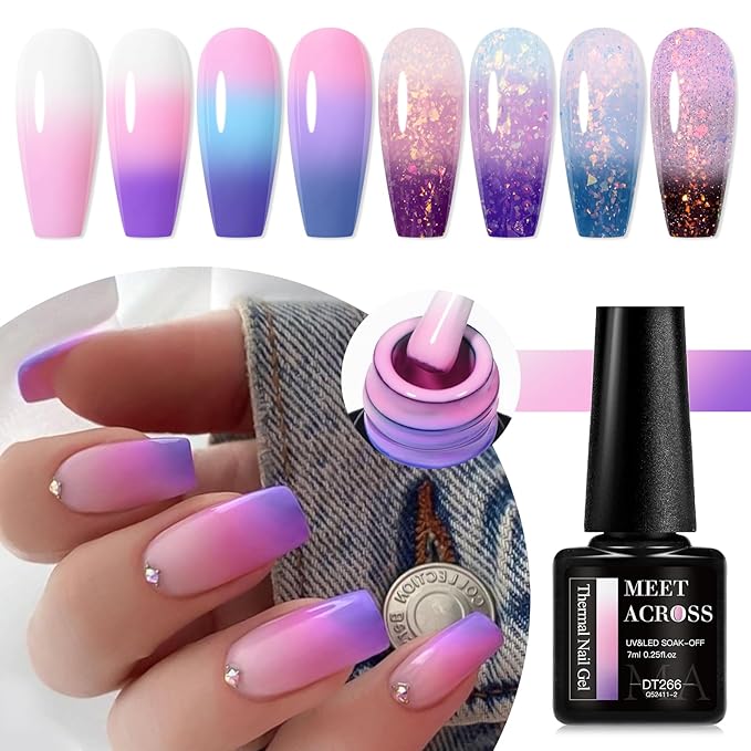 MEET ACROSS 8Pcs Color Changing Gel Nail Polish Set Pink Purple Glitter Temperature Mood Changed Gel Polish DIY Salon Manicure Kit
