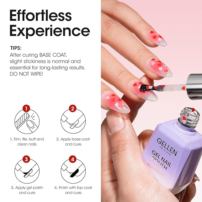 GELLEN Gel Nail Polish, 18ML Clear Nail Polish With Pink & Red Heart Shape, Valentine Gift for Her, Soak Off UV Gel Polish No Wipe, Glitter Gel Nail Polish with Stick DIY at Home