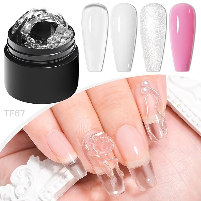 MEET ACROSS All-in-One Extension Mini Kit Non-Sticky Builder Gel Starter Kit WIth Base & Top Coat/Dual-Silicone Pen/Pro File/20-Pc Reusable Dual Forms Salon-Grade Extensions (Clear+White+Glitter+Pink)