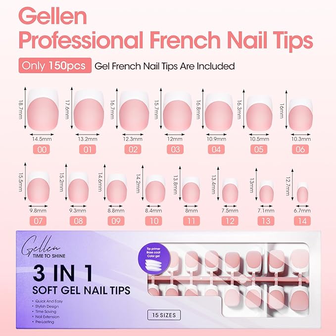 Gellen Short French Tip Press on Nails - Square Gel Nail Tips Press on Nails Short, No Fade Out Acrylic Fake Nails, 150pcs Seamless Fit Glue one Nails, Classic White