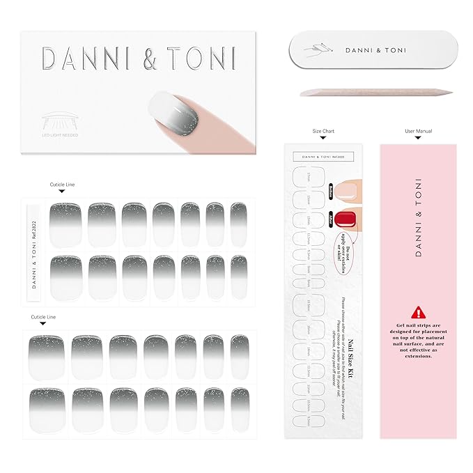 DANNI & TONI Semi Cured Gel Nail Strips Grey-to-White Ombre Glitter Gel Nail Wraps 28 Stickers | Ash Dream