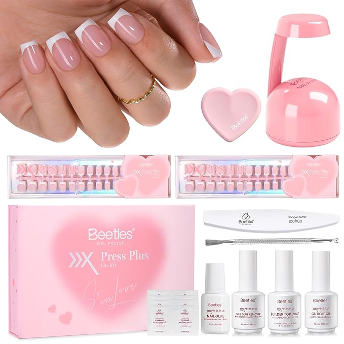 Beetles Press On Nails Kit - 300Pcs Short Square French Tip Press On Nails, 15Sizes Pink French Nail Tips with Nail Glue & Remover, Builder Top Coat Nail, Lamp,All-in-One DIY Spring Gift for Women