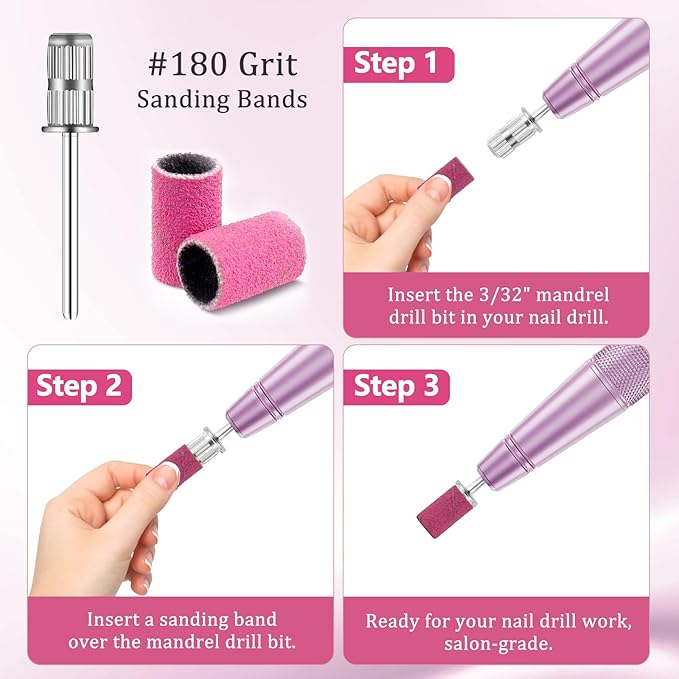 120Pcs Nail Drill Bits Sanding Bands with Nail Drill Bits, Professional Sand Band 180# Fine Grit Nail File Sanding Bands for Acrylic Nails Manicures and Pedicure